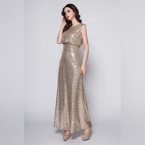 EUC Sorella Vita Gold Sequin Blouson Bridesmaid Gala Maxi Dress size 12